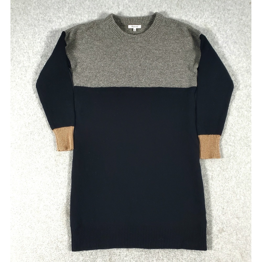 Madewell Sweater Dress 100% Merino Wool Colorblock Gray Black Beige Size Medium